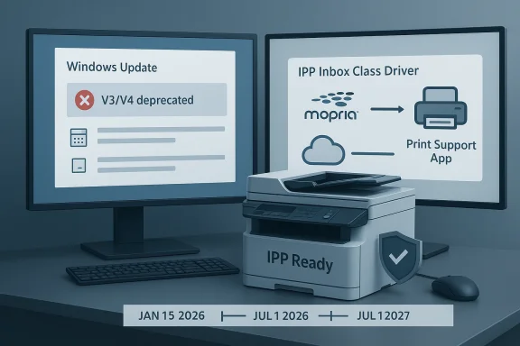 Two monitors show a Windows Update warning and an IPP-ready printer setup with Mopria and a print app.