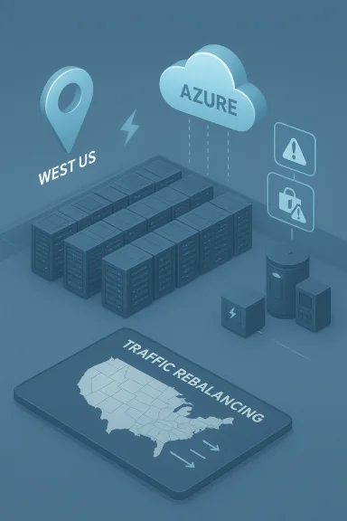 Azure cloud data center in West US with server racks and traffic balancing visuals. Azure cloud data center in West US with server racks and traffic balancing visuals.