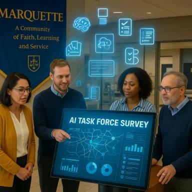 A diverse group presents an AI Task Force Survey on a large touchscreen.
