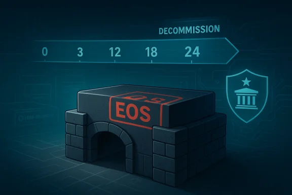 A stone fortress labeled EOS sits beneath a DECOMMISSION timeline on a blue digital backdrop.