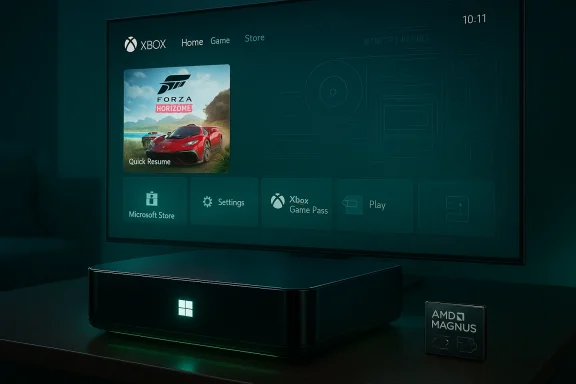 Xbox console on a table with a large screen displaying the Xbox dashboard and Forza Horizon.
