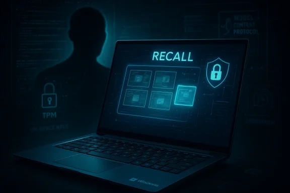 Cybersecurity-themed laptop screen shows 'RECALL' with a glowing lock shield.
