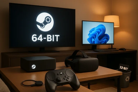 Cozy gaming setup with a 64-BIT Steam display, VR headset, and dual monitors.