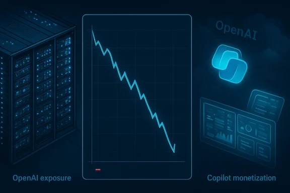 Neon blue graphic shows a falling chart between server racks, hinting at OpenAI exposure and Copilot monetization.