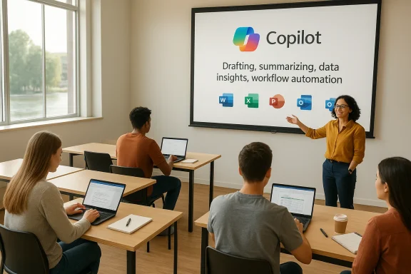 Instructor explains Copilot features to students in a laptop-equipped classroom.