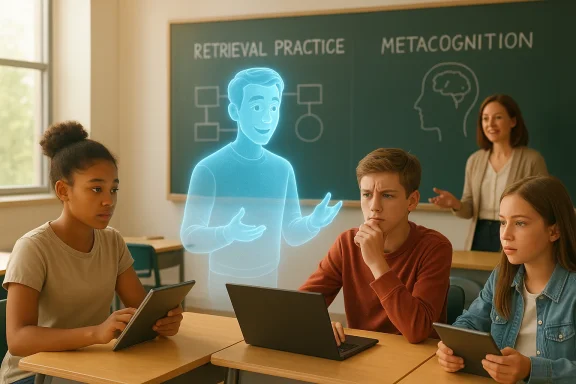 Students in a classroom watch a blue holographic instructor explain retrieval practice and metacognition. Students in a classroom watch a blue holographic instructor explain retrieval practice and metacognition.