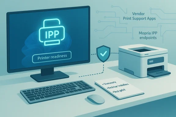 Computer monitor shows IPP printer readiness, with a printer and security shield icon.