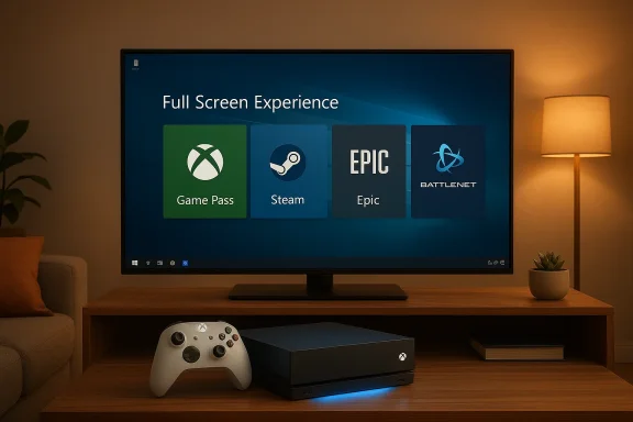 Cozy living room gaming setup with a large screen displaying Game Pass, Steam, Epic, and Battle.net.