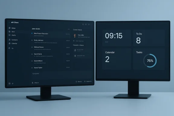 Two monitors show a dark productivity setup with email on the left and a time calendar tasks dashboard on the right.