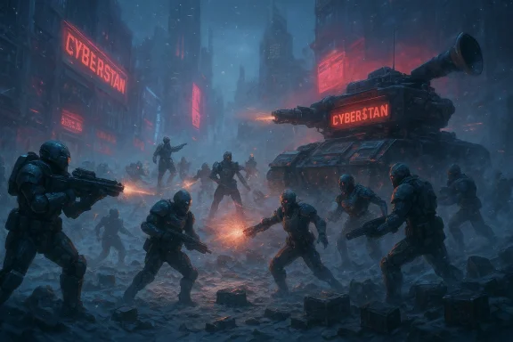 Neon-lit cyberpunk street battle as armored troops clash with a CYBERSTAN tank amid rubble.