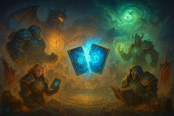 Two armored duelists sit amid glowing cards as colossal beasts loom in a fiery, magical arena.