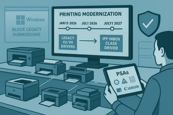Office desk illustrating printing modernization from legacy drivers to IPP Inbox Class Driver.