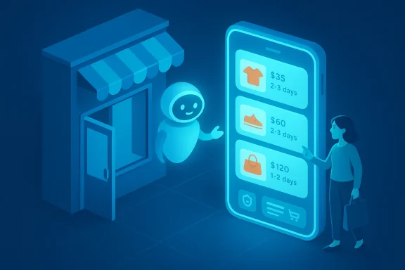 A friendly robot helps a shopper navigate a giant mobile shopping app showing item prices.