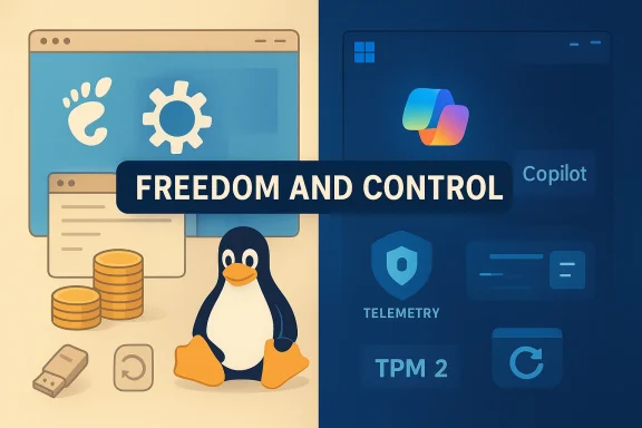 Split illustration contrasts Linux freedom on the left with Windows control on the right, under a Freedom and Control banner.