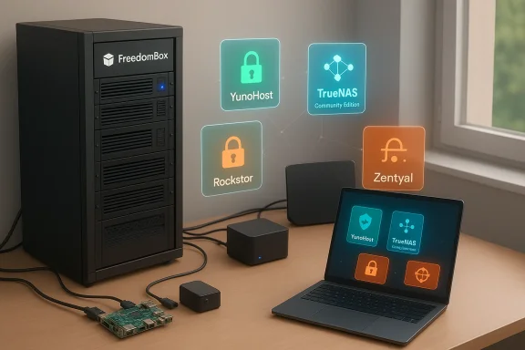 A desk setup with a FreedomBox server and holographic icons for YunoHost, TrueNAS, Rockstor, and Zentyal.