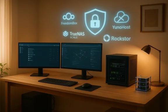 Dual-monitor desk setup with a server tower, illuminated by wall-projected tech logos.