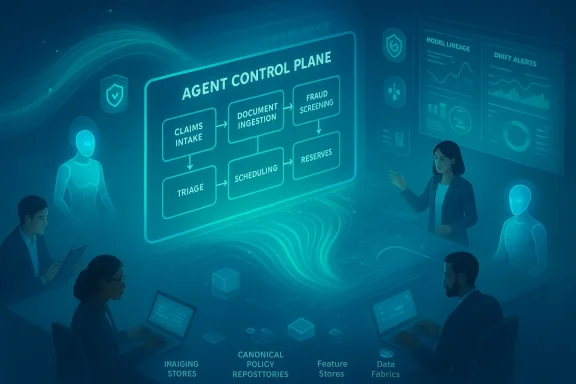 A futuristic team analyzes a holographic Agent Control Plane showing the claims workflow.