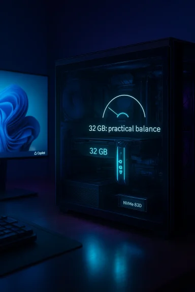 A dark glass-front PC glowing in blue neon with the label “32 GB: practical balance.”