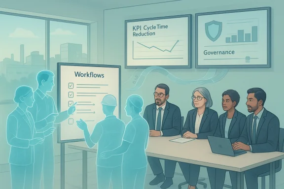 Team reviews workflows on a board as charts hang in a boardroom.