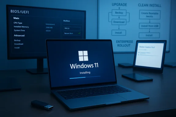 Windows 11 installing on a laptop in a tech workspace, with a BIOS/UEFI screen in the background. Windows 11 installing on a laptop in a tech workspace, with a BIOS/UEFI screen in the background.