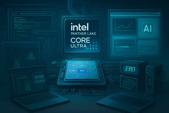 A futuristic AI lab centered on Intel Panther Lake Core Ultra chip amid glowing circuitry.