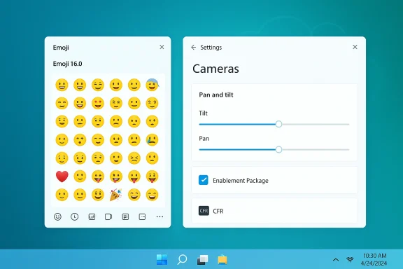 Two floating windows on a Windows desktop: left emoji picker, right camera settings.
