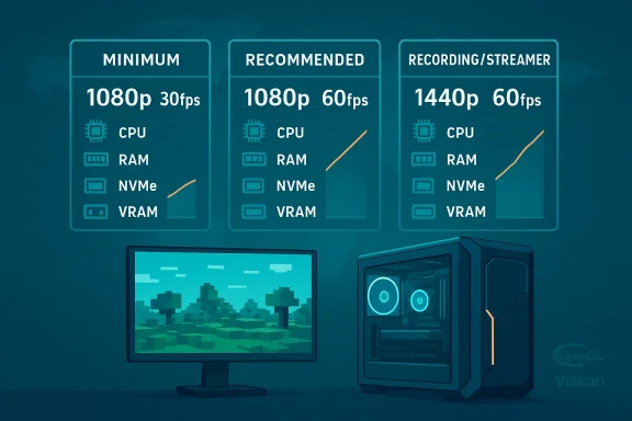 Three panels show min/recommend/recording specs for 1080p–1440p gaming with CPU, RAM, NVMe, VRAM.
