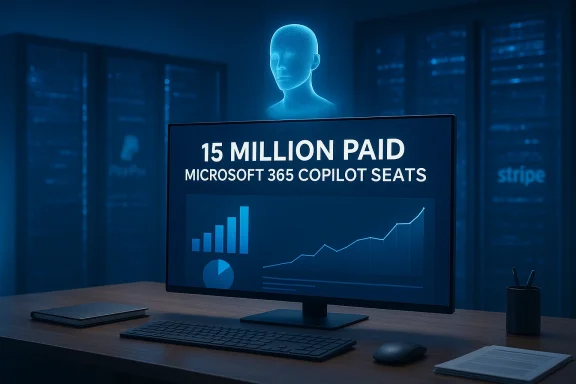 Holographic AI head overlooks a screen announcing 15 million paid Microsoft 365 Copilot seats. Holographic AI head overlooks a screen announcing 15 million paid Microsoft 365 Copilot seats.