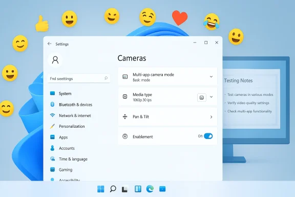 Windows 11 Settings screen showing Cameras options, surrounded by emoji icons on a blue backdrop.