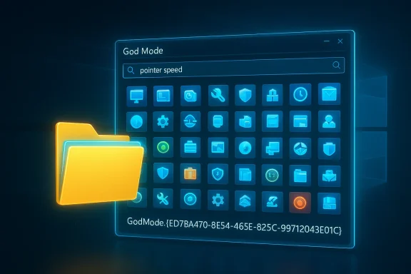 Windows God Mode window showing a grid of blue icons with a glowing yellow folder.