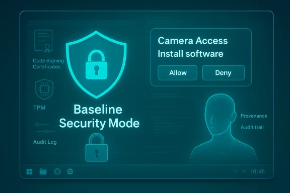 Futuristic security UI showing Baseline Security Mode with a shield icon and a camera access prompt.