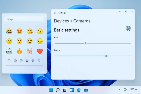 Windows desktop showing an emoji picker beside a Cameras settings panel.