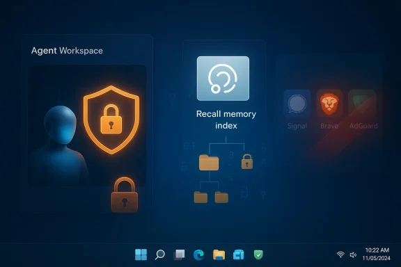 Futuristic agent workspace UI with a glowing shield and lock, plus a 'Recall memory index' panel.