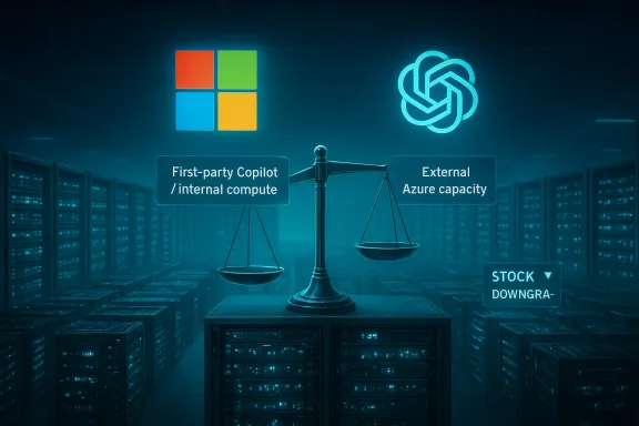 In a data center, a balance scale weighs internal Copilot compute against external Azure capacity.