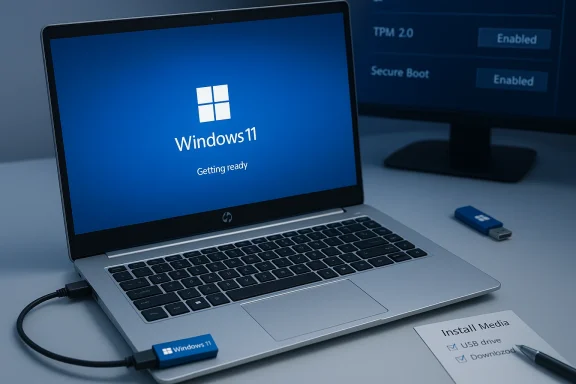 Windows 11 getting ready on a laptop with a USB installer plugged in. Windows 11 getting ready on a laptop with a USB installer plugged in.