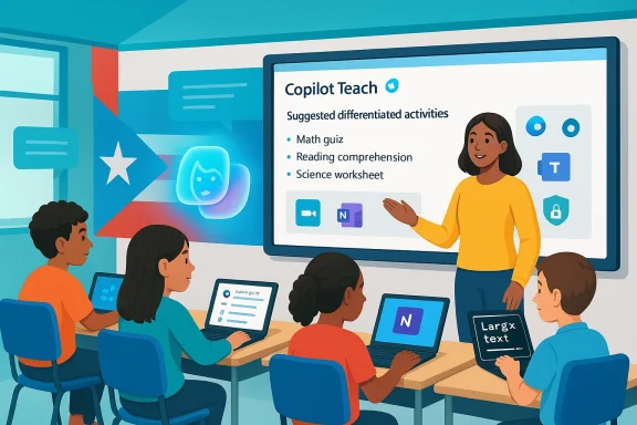 Students in a classroom use laptops as a teacher presents Copilot Teach on a large screen.