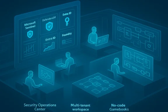 A futuristic security operations center with analysts at desks and holographic dashboards.