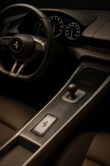 Ferrari cockpit with brown leather interior, leather steering wheel, and central gear shifter.