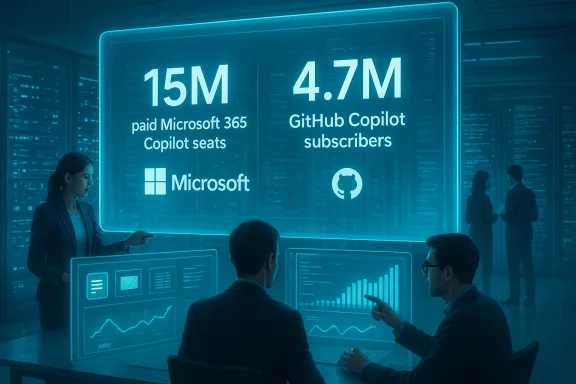 Futuristic briefing room shows Copilot metrics: 15M Microsoft 365 seats, 4.7M GitHub subscribers.