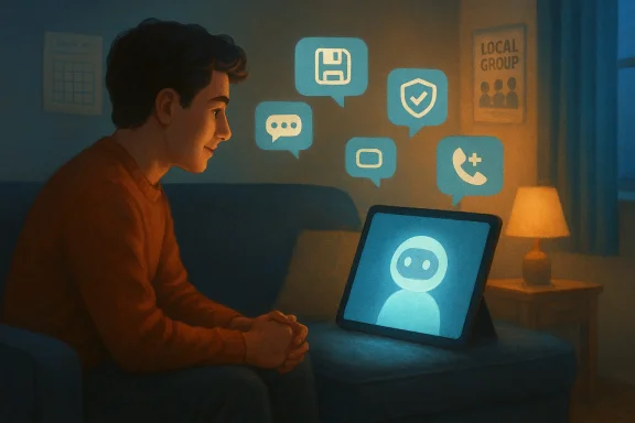 A person on a couch uses a tablet as glowing chat icons float around.