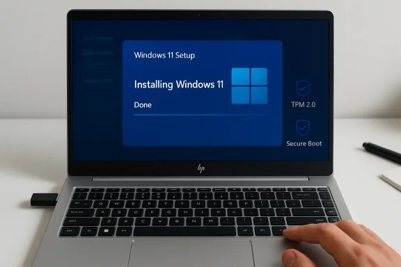 HP laptop installing Windows 11; progress shows 'Done' with TPM 2.0 and Secure Boot icons.