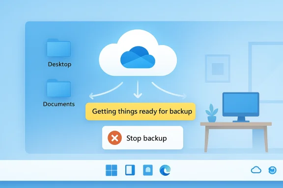 Cloud backup concept: desktop and documents ready to back up with a Stop backup option.