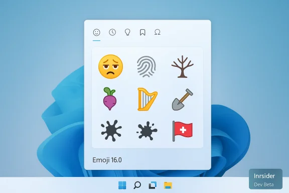 Emoji 16.0 picker panel with a 3x3 emoji grid on a Windows-like desktop.