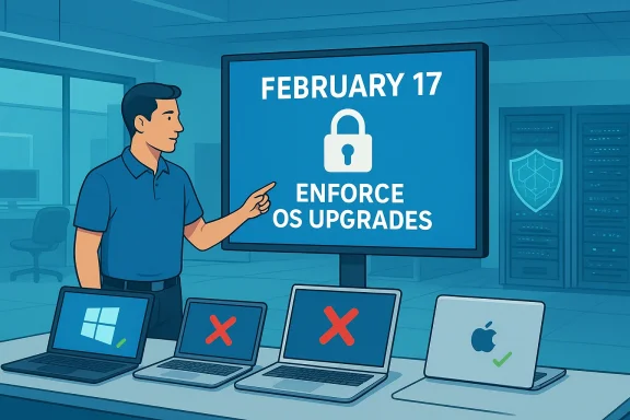 A presenter points to a slide declaring February 17 to enforce OS upgrades.