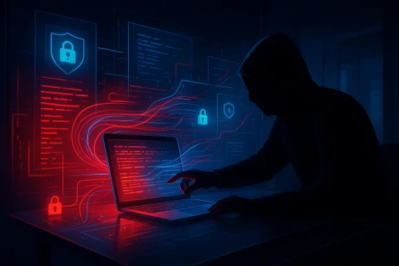 A hooded hacker types at a laptop amid neon cybersecurity visuals.