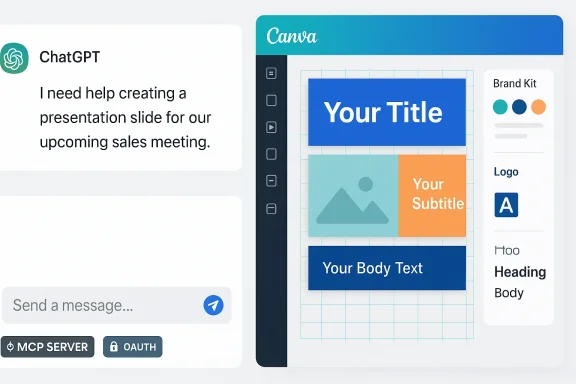 ChatGPT chat window beside a Canva slide designer showing a layout with title, subtitle, and body text blocks.