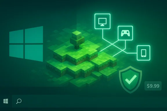Windows-inspired green voxel landscape with connected devices and a security shield.