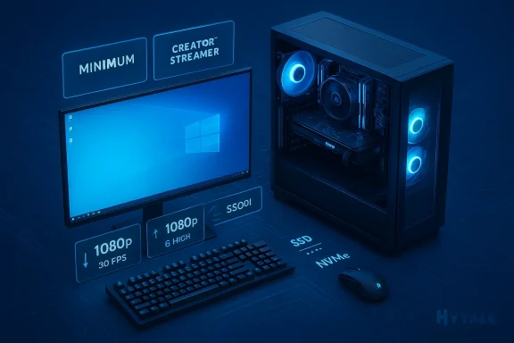 Blue-tinted PC setup with a glowing tower, monitor, keyboard, mouse, and signs reading Minimum and Creator/Streamer.