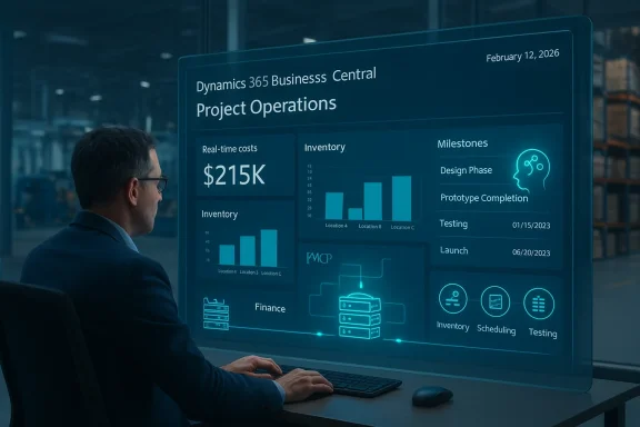 A man in a suit monitors a large blue holographic dashboard for project operations.
