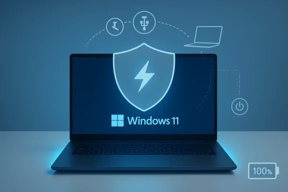 Windows 11 laptop showing a glowing shield and security graphics.